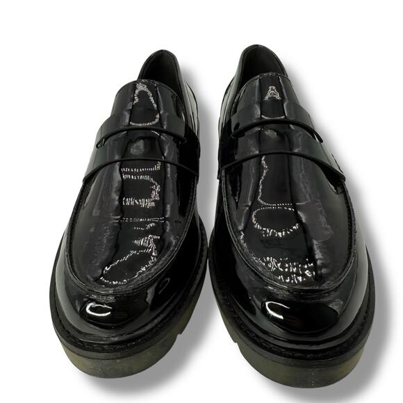 Anne Klein Black Loafers Size 8.5 Patent Black Lug Sole Chunkmy Work Flats - Picture 1 of 6